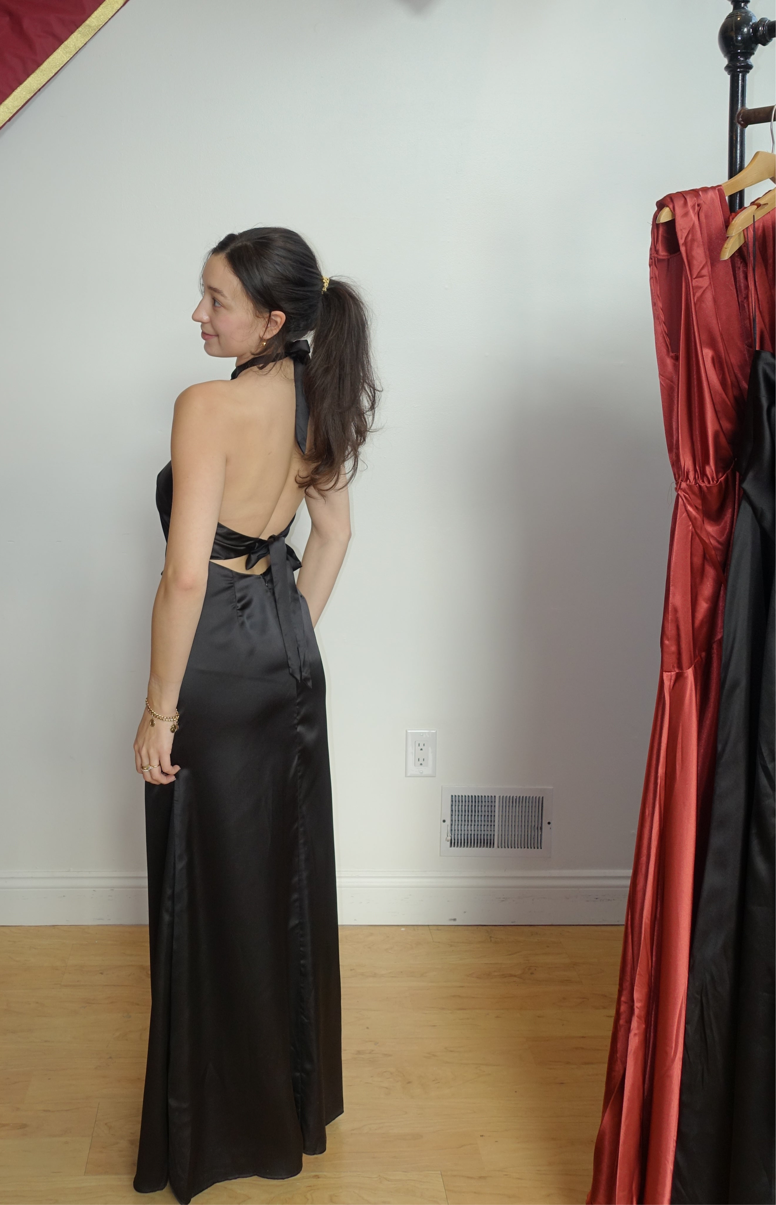 Nicky Backless Satin Dress in Black