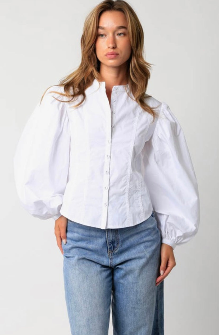 White Button Down Top with Puffy Sleeves