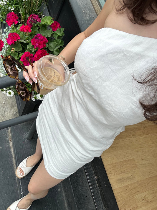 White linen mini dress with side cutout
