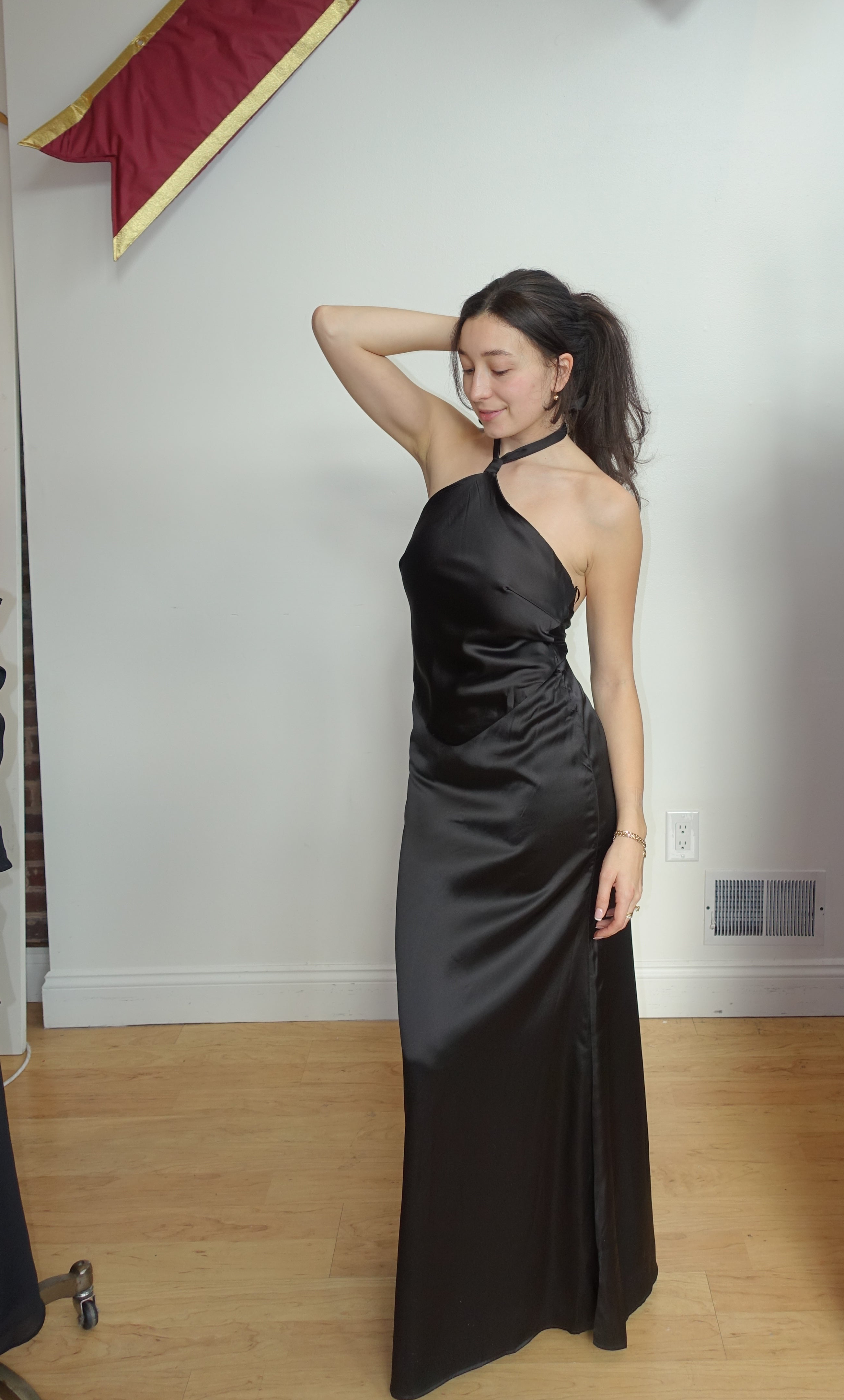 Nicky Backless Satin Dress in Black