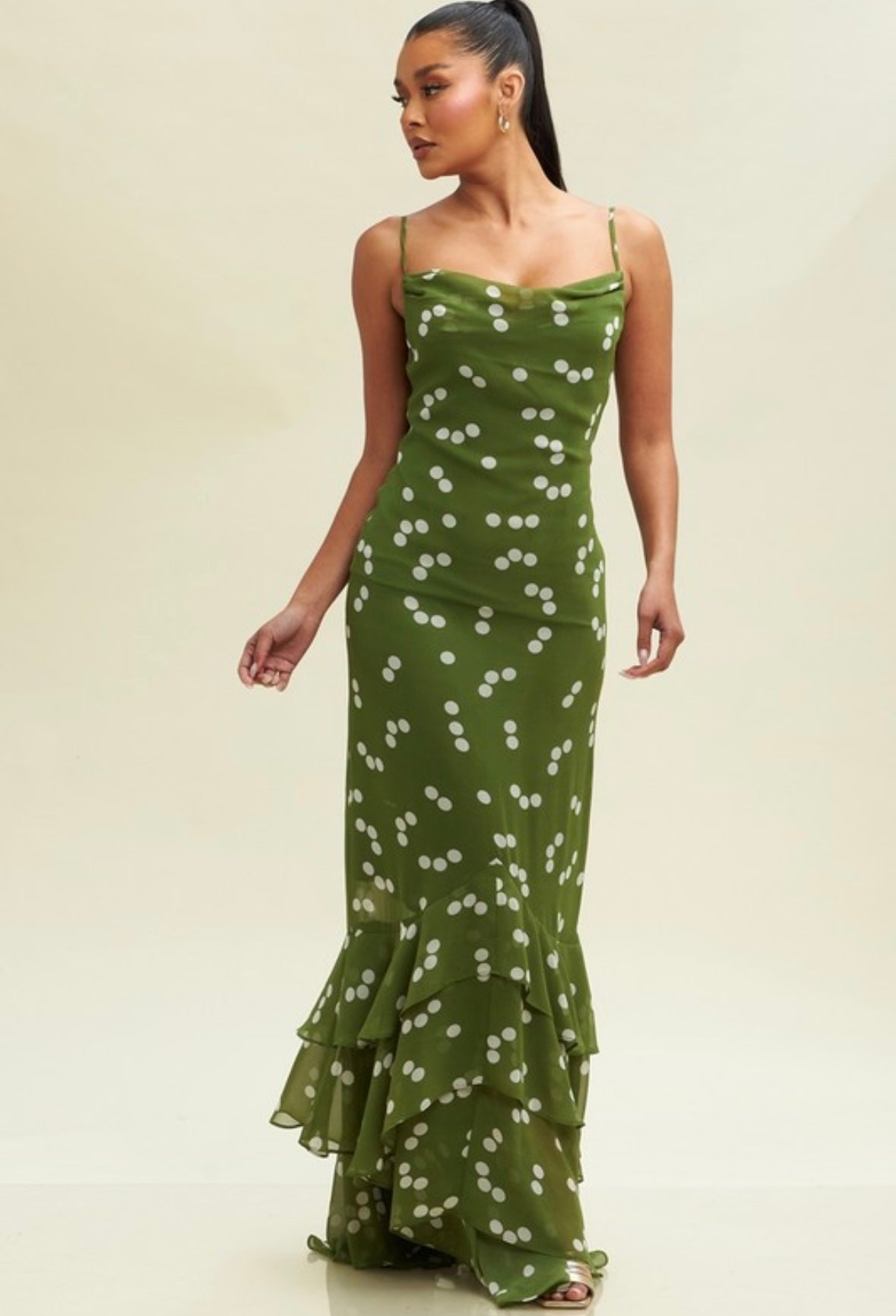 RESTOCK//Olive Polka Dot Maxi with Ruffle