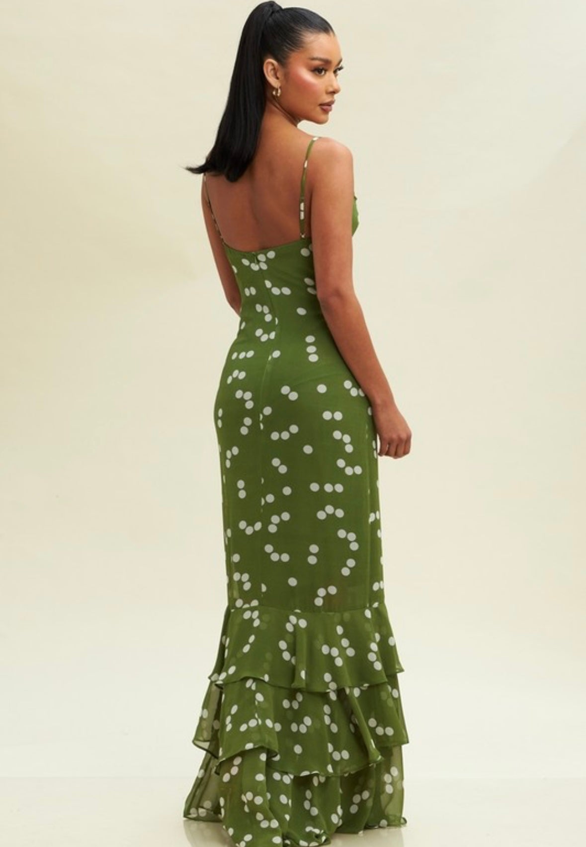 RESTOCK//Olive Polka Dot Maxi with Ruffle