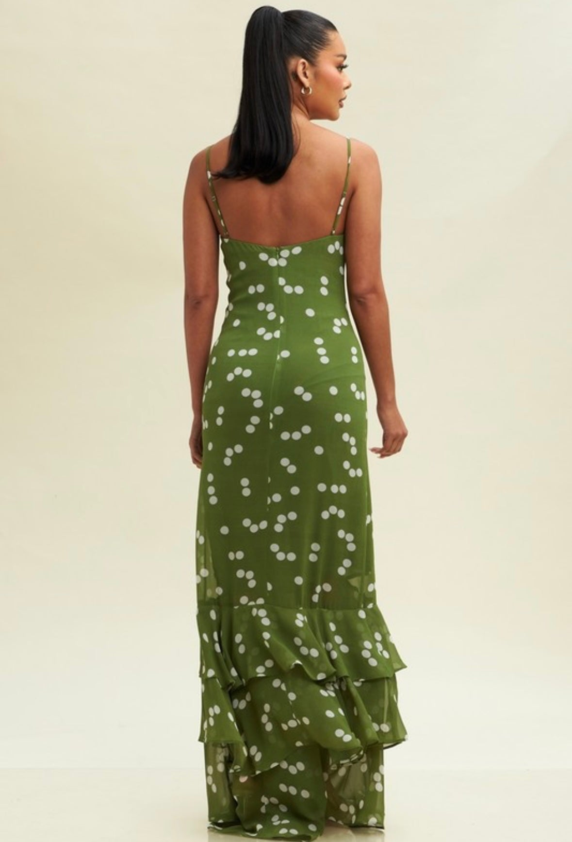 RESTOCK//Olive Polka Dot Maxi with Ruffle