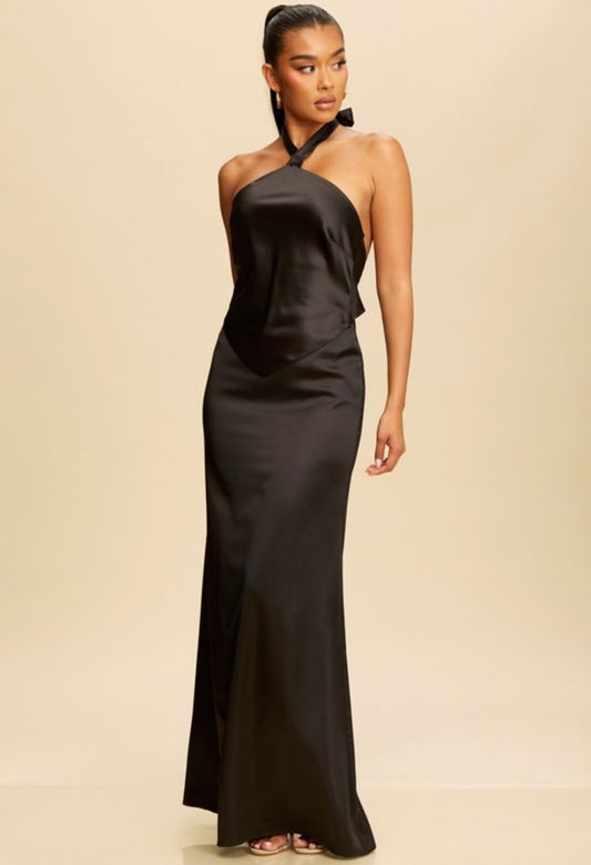 Nicky Backless Satin Dress in Black