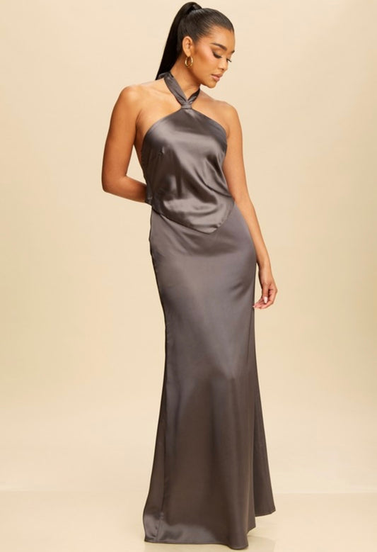 Nicky Backless Satin Dress in Charcoal