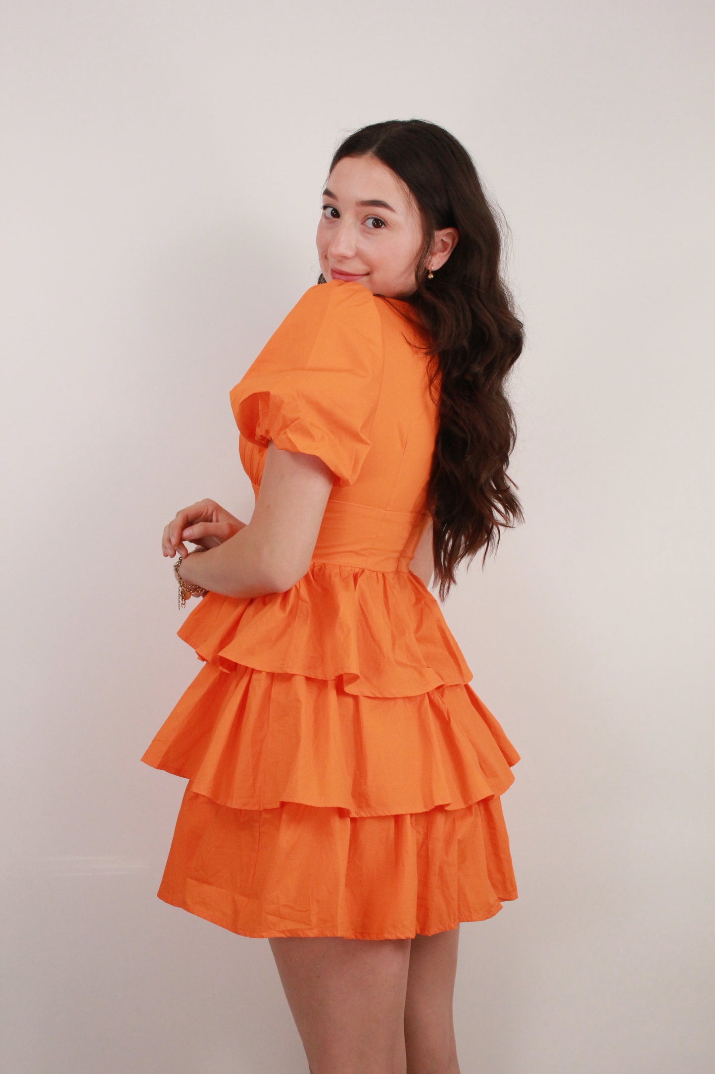 Orange Layered Balloon Sleeve Mini Dress