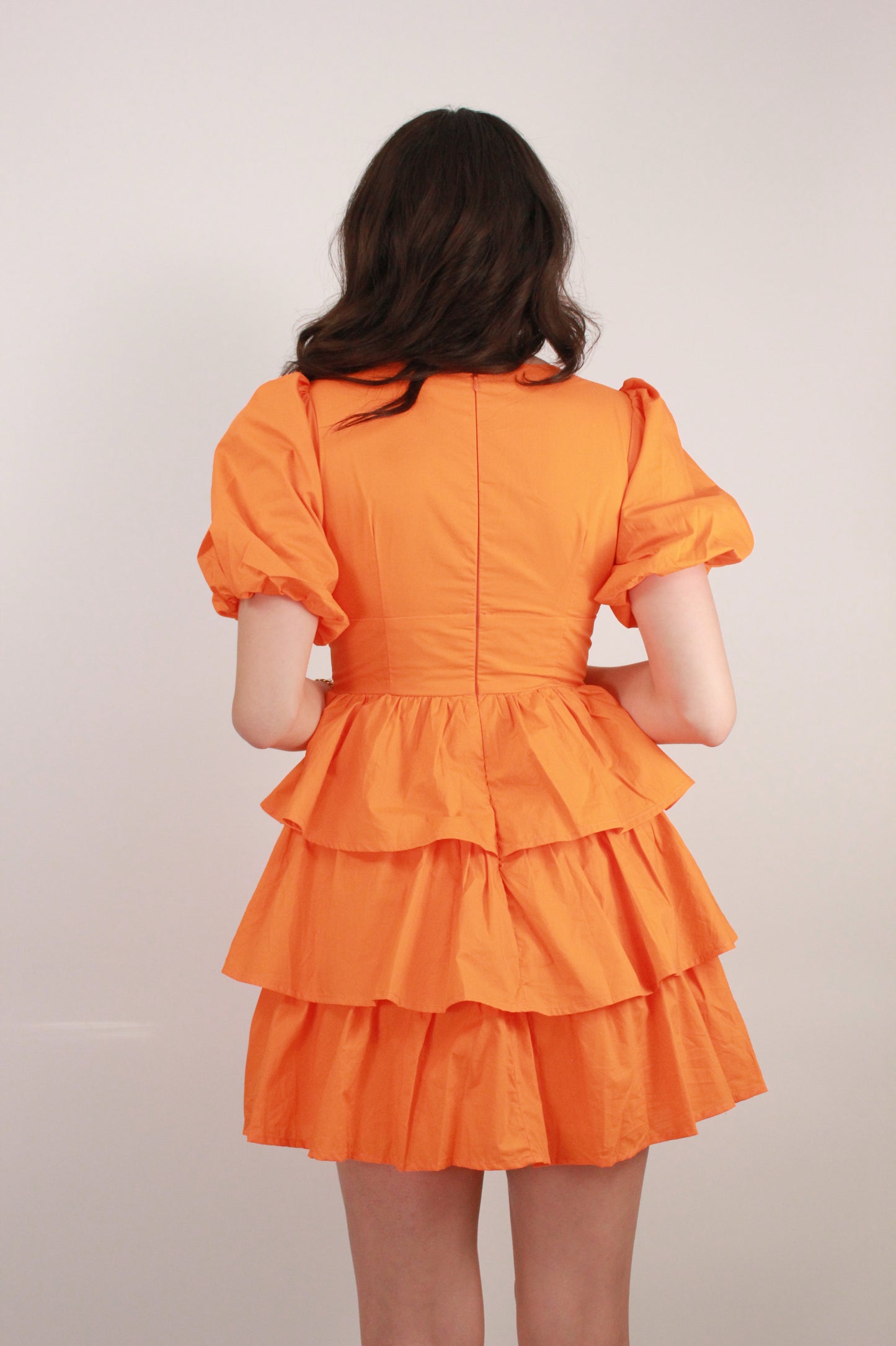 Orange Layered Balloon Sleeve Mini Dress