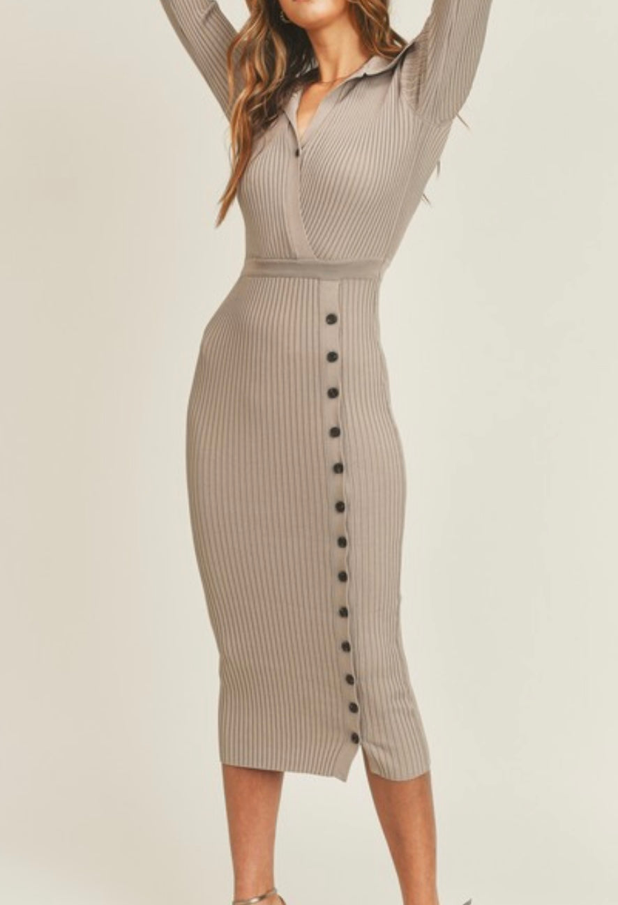 Mocha Knit Side Button Detail Midi Dress
