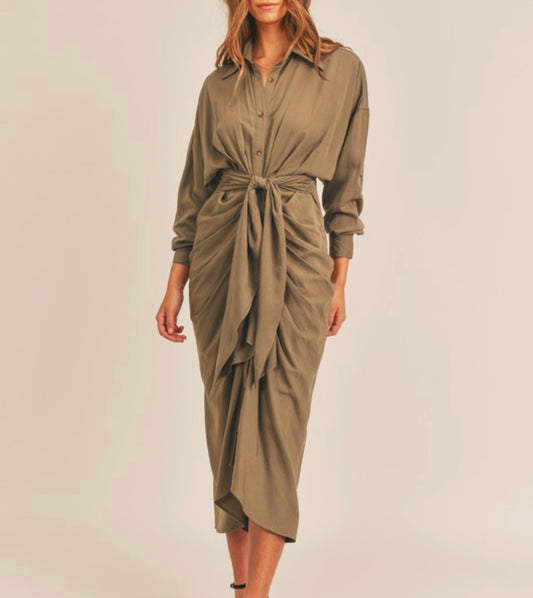Olive Button Down Shirt Dress with Front Tie